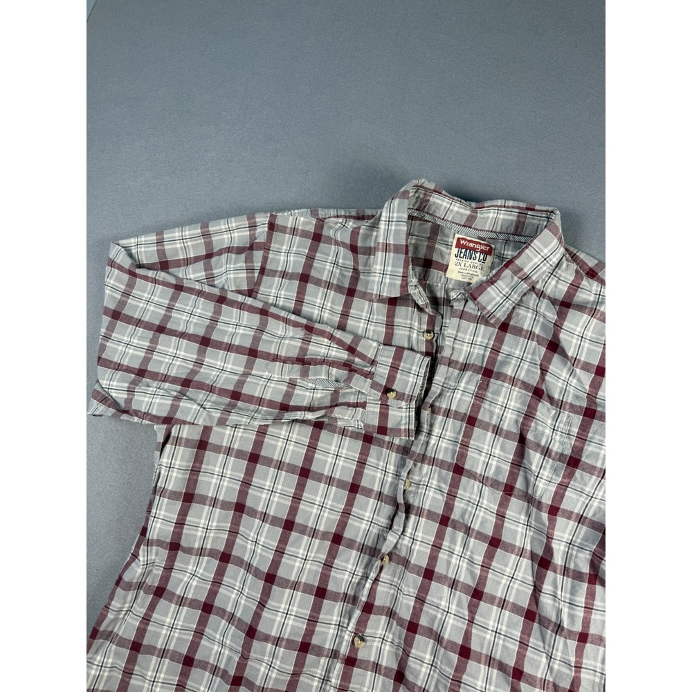 Wrangler Jeans Co Mens 2XL Plaid Button Down Shirt Burgundy Grey Cotton Long